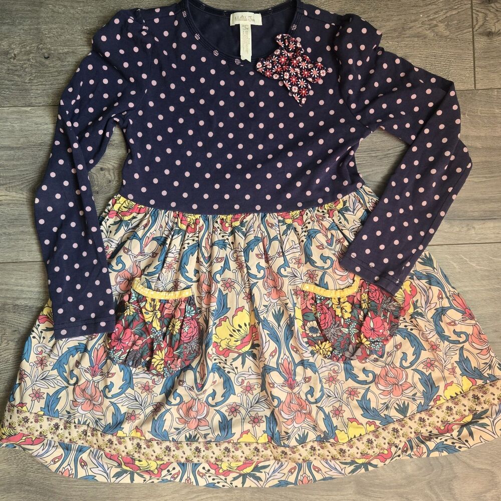 Matilda Jane Rowan Friends Forever Dress Girls 6 Navy Polka Dot Floral Long Slv